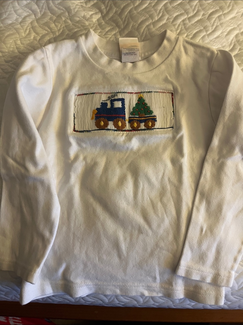 White Long-Sleeve Kids Shirt with Blue Train and Green Tree Applique